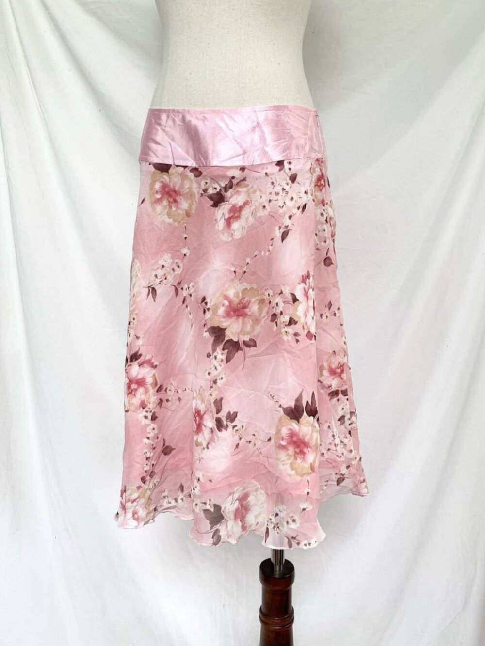 Pink Floral Midi Skirt Satin Finish Romantic Y2K Vintage A-Line Skirt